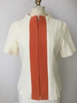 Womens, Women 3 Piece, MTO, Cream, Orange, Wool, Polyester, Solid, B36, Vintage Airline Uniform Top. Cream Wool Crepe with Orange Center Panel & Zipper Front, S/S, Fitted with Darts, 3 Pieces Top, Skirt, Hat, 1960's