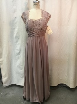 EUREKA, Taupe, Synthetic, Sequins, Solid, Floral, Taupe, Floral Lace Bust with Sequins, Gathered Waist, Sweetheart Neckline, Cap Sleeve