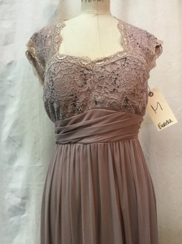 EUREKA, Taupe, Synthetic, Sequins, Solid, Floral, Taupe, Floral Lace Bust with Sequins, Gathered Waist, Sweetheart Neckline, Cap Sleeve