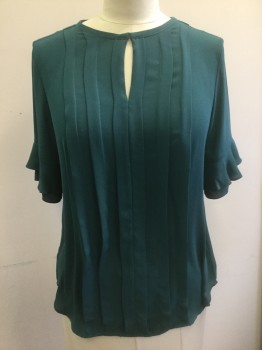 ANN TAYLOR, Teal Green, Polyester, Solid, Chiffon, 1/2 Sleeves, Round Neck,  Vertical Pleats at Front, Hook & Eye Closure at Cf, Ruffled Edge on Sleeves