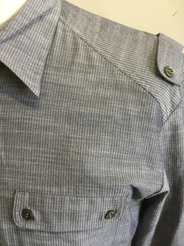 N/L, Denim Blue, Cotton, Stripes, Button Front, Collar Attached, Extra Half Placket, 1 Flap Pocket, Triangular Shoulders, Tab Button Shoulder Tabs