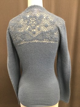 Womens, Pullover, REBECCA TAYLOR, Slate Blue, Wool, Solid, S, Knit, Square Neck with Lace Knit Pattern at Shoulders  and Back, Velvet Ribbon Tie at Bust
