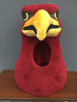 FACEMAKERS, Red, Yellow, Black, Faux Fur, Polyester, RED HAWK:  Head: Dark Red Faux Fur, Paper Mache Structure, Beak Covered in Yellow Velvet, Painted Black/Yellow Eyes, Face Hole, Shoulder Straps