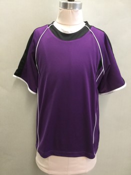 Childrens, Top Kids, PRO TIME, Purple, Black, White, Polyester, Solid, S, Soccer, Raglan Short Sleeves, Black Crew Neck with White Front Panel, Black Shoulder Stripes, White Piping, #'s on Back
