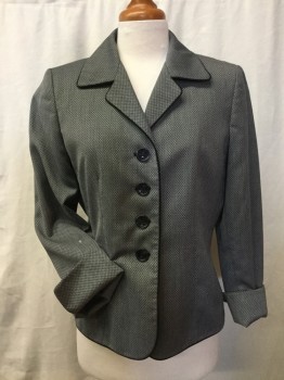 Womens, Blazer, EVAN-PICONE, Black, White, Polyester, Novelty Pattern, 10P, Novelty Weave Looks Like Silk Net. Black Piping Trim, 4 Black Buttons Center Front, Notched Lapel, Turend Up Cuffs at 3/4 Length. (small White Stain on Right Sleeve)