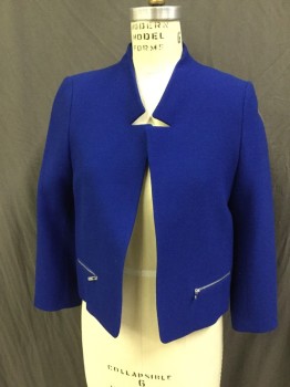 Womens, Blazer, SANDRO, Royal Blue, Wool, Synthetic, Solid, B36, 8, Open Front, Long Sleeves, 2 Pockets with Silver Zippers , Reversed Lapel Detail