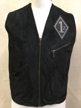 Mens, Leather Vest, TARGA, Black, Brown, Suede, Polyester, Solid, 40, ( 2 of Them:  40, 46) Rough Black Suede, with Brown Lining, V-neck, Zip Front, 3 Pockets, "1%" Diamond Patch in Front, Tan, Brown, Black Eagle Embroidery in the Back