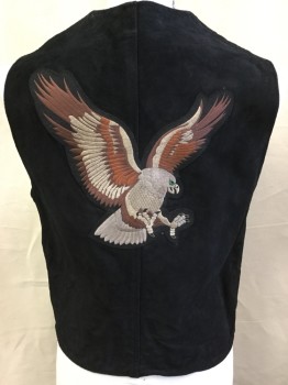 Mens, Leather Vest, TARGA, Black, Brown, Suede, Polyester, Solid, 40, ( 2 of Them:  40, 46) Rough Black Suede, with Brown Lining, V-neck, Zip Front, 3 Pockets, "1%" Diamond Patch in Front, Tan, Brown, Black Eagle Embroidery in the Back
