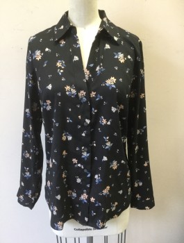 ANN TAYLOR, Black, Peach Orange, Slate Blue, Ecru, Polyester, Spandex, Floral, Long Sleeve Button Front, Collar Attached, V-neck, Fitted/Slim Fit