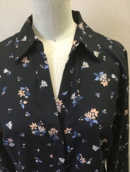 ANN TAYLOR, Black, Peach Orange, Slate Blue, Ecru, Polyester, Spandex, Floral, Long Sleeve Button Front, Collar Attached, V-neck, Fitted/Slim Fit