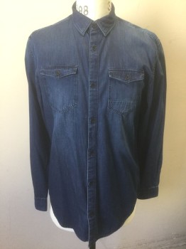 CALVIN KLEIN, Denim Blue, Cotton, Solid, Medium Blue Denim/Chambray, Long Sleeve Button Front, Collar Attached, 2 Patch Pockets with Button Flap Closures