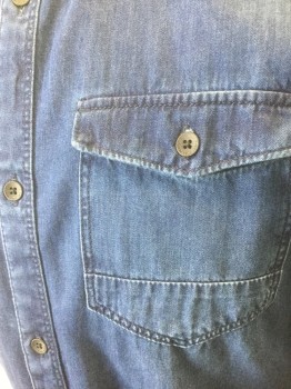 CALVIN KLEIN, Denim Blue, Cotton, Solid, Medium Blue Denim/Chambray, Long Sleeve Button Front, Collar Attached, 2 Patch Pockets with Button Flap Closures