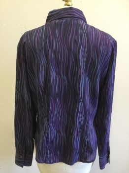 NEW YORK & CO., Purple, Lilac Purple, Lavender Purple, Black, Polyester, Novelty Pattern, Swirling Stripes, Button Front, Collar Attached, Long Sleeves, Cuff, Stretch