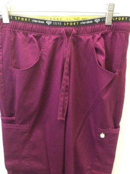 CHEROKEE, Red Burgundy, Polyester, Rayon, Solid, Drawstring Elastic Waist with Black Elastic "LUXE Sport Cherokee", Mesh Side Seam Panels, 2 Hip Pockets, 2 Cargo Pockets,. 1 Back Pocket