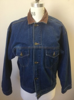 Mens, Jean Jacket, MARLBORO COUNTRY STO, Denim Blue, Brown, Cotton, Leather, Solid, M, Medium Blue Denim, Brown Leather Collar Attached, Long Sleeves, Button Front, 4 Pockets, Tan Top Stitching