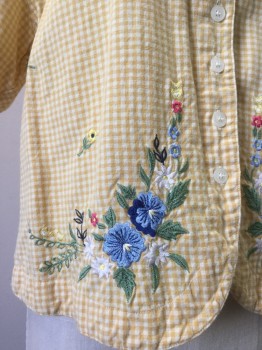 CASEY & MAX, Yellow, Off White, Blue, Green, Pink, Cotton, Gingham, Floral, Button Front, S/S, CA, Floral Embroidery at Waist