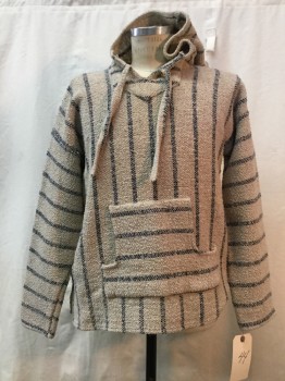 Mens, Pullover Sweater, NO LABEL, Tan Brown, Navy Blue, Synthetic, Stripes - Horizontal , M, Tan, Navy Stripes, Hood, V-neck with Drawstring