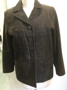 Womens, Leather Jacket, NY & CO, Espresso Brown, Suede, Solid, B38, M, Button Front, Notched Lapel, Patch Pocket,