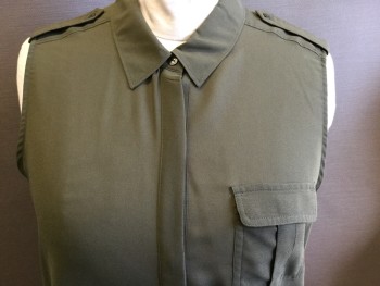 LIZ CLAIBORNE, Olive Green, Polyester, Solid, Button Front, Collar Attached, Sleeveless, Epaulets, 1 Pocket,