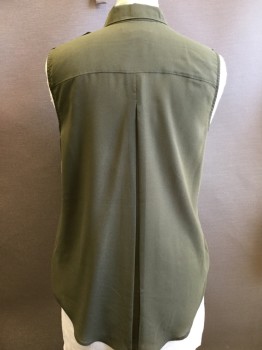 LIZ CLAIBORNE, Olive Green, Polyester, Solid, Button Front, Collar Attached, Sleeveless, Epaulets, 1 Pocket,