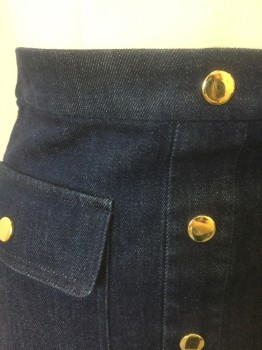 Womens, Skirt, Mini, ALICE + OLIVIA, Denim Blue, Cotton, Polyester, Solid, 0, Indigo Stretch Denim, Gold Decorative Buttons Vertically at Center Front, 2 Large Patch Pockets with Flap and Gold Button Closure, 1" Self Waistband, Hem Mini, Invisible Zipper at Center Back