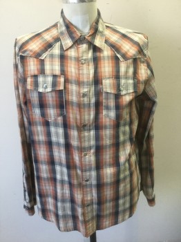 Mens, Western, LEVI'S, Rust Orange, Beige, Navy Blue, Cotton, Polyester, Plaid, M, Long Sleeves, Snap Front, Collar Attached, Dark Smoky Gray/Silver Snaps, 2 Pockets with Snap Closures, Western Style Yoke
