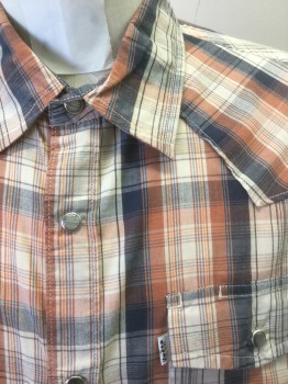 Mens, Western, LEVI'S, Rust Orange, Beige, Navy Blue, Cotton, Polyester, Plaid, M, Long Sleeves, Snap Front, Collar Attached, Dark Smoky Gray/Silver Snaps, 2 Pockets with Snap Closures, Western Style Yoke