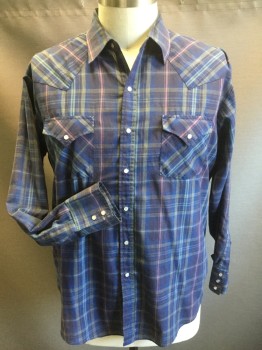 Mens, Western, PLAINS, Blue, Navy Blue, Red, Dusty Blue, Gray, Polyester, Cotton, Plaid, 17, XL, 31-32, Snap Front, 2 Pockets, Long Sleeves, Right Sleeve Missing One Snap at Cuff