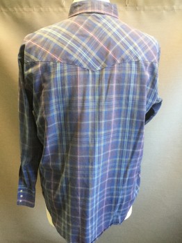 Mens, Western, PLAINS, Blue, Navy Blue, Red, Dusty Blue, Gray, Polyester, Cotton, Plaid, 17, XL, 31-32, Snap Front, 2 Pockets, Long Sleeves, Right Sleeve Missing One Snap at Cuff