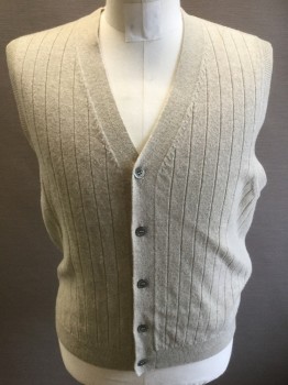 Mens, Sweater Vest, CLUB ROOM, Oatmeal Brown, Wool, Small, 5 Buttons, Rib Knit,