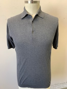 JOHN SMEDLEY, Gray, Cotton, Solid, Lightweight Knit, Short Sleeves, Collar Attached, 3 Button Placket