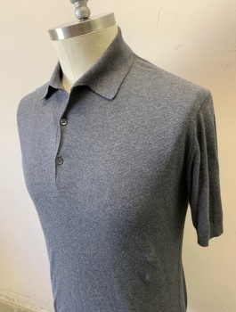 JOHN SMEDLEY, Gray, Cotton, Solid, Lightweight Knit, Short Sleeves, Collar Attached, 3 Button Placket