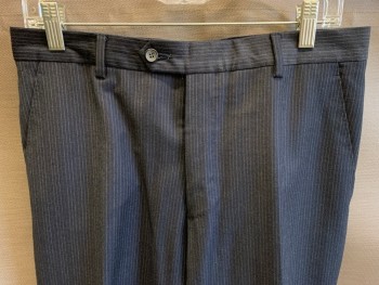 PAUL SMITH, Navy Blue, Lt Gray, Wool, Cashmere, Stripes - Pin, Flat Front, Button Tab,