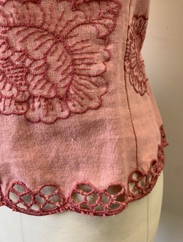 NANETTE LEPORE, Mauve Pink, Linen, Rayon, Floral, Spaghetti Straps in 3/4" Twill, Linen with Embroidered Eyelet Flowers with Small Cutouts, Camisole Style with Shaped Bust, Invisible Zipper at Center Back, 2000's Y2K