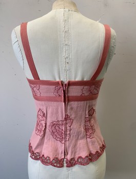 NANETTE LEPORE, Mauve Pink, Linen, Rayon, Floral, Spaghetti Straps in 3/4" Twill, Linen with Embroidered Eyelet Flowers with Small Cutouts, Camisole Style with Shaped Bust, Invisible Zipper at Center Back, 2000's Y2K