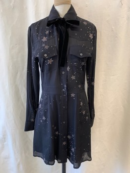 Womens, Dress, Long & 3/4 Sleeve, A.L.C., Black, Beige, White, Yellow, Polyester, Rayon, Stars, 2, Collar Attached, Button Front, Long Sleeves, 2 Patch Pockets with Flaps, Neck Tie Attached