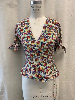 FAITHFULL BRAND , White, Purple, Goldenrod Yellow, Maroon Red, Rayon, Floral, Wrap Around Blouse, V-neck, Short Sleeves, Not Made Up Bow Ties at Sleeves