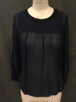ISABEL MARANT, Navy Blue, Silk, Solid, Sheer Chiffon, Yoke Front and Back, Gathered Under Yoke, Scoop Neck with Black Raw Edge Trim, Long Sleeves with Elastic Cuff