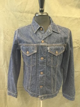 Mens, Jean Jacket, OR SLOW, Dk Blue, Cotton, Solid, M, Orange Stitching, Button Front, Collar Attached, 2 Flap Pockets, Button Tabs Back Waist