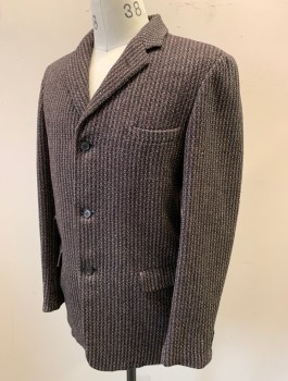 N/L, Brown, Cream, Gray, Wool, Speckled, Stripes - Vertical , Single Breasted, Notched Lapel, 3 Buttons, 3 Pockets,