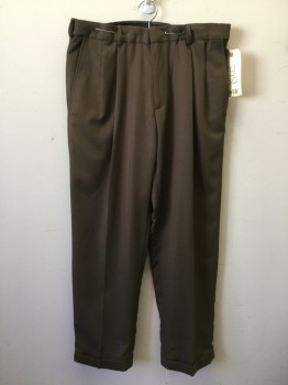 HAGGAR, Brown, Polyester, Solid, Double Pleats, 4 Pockets, Cuffed
