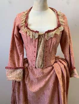 N/L MTO, Rose Pink, Ecru, Terracotta Brown, Silk, Floral, Textured Jacquard, Ecru Net Lace Overlay at Center Front Stomacher Panel, 3/4 Sleeves, Lace Up Front, Ecru Lace & Terracotta Ribbon Trim at Scoop Neck & Cuffs, Self Bow Detail at Center Back Waist, 1700's Inspired Made To Order