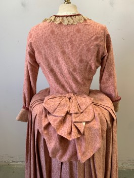 N/L MTO, Rose Pink, Ecru, Terracotta Brown, Silk, Floral, Textured Jacquard, Ecru Net Lace Overlay at Center Front Stomacher Panel, 3/4 Sleeves, Lace Up Front, Ecru Lace & Terracotta Ribbon Trim at Scoop Neck & Cuffs, Self Bow Detail at Center Back Waist, 1700's Inspired Made To Order