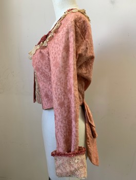 Womens, Historical Fict 2 Piece Dress, N/L MTO, Rose Pink, Ecru, Terracotta Brown, Silk, Floral, W:27, B:34, Textured Jacquard, Ecru Net Lace Overlay at Center Front Stomacher Panel, 3/4 Sleeves, Lace Up Front, Ecru Lace & Terracotta Ribbon Trim at Scoop Neck & Cuffs, Self Bow Detail at Center Back Waist, 1700's Inspired Made To Order