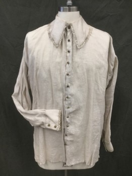 Mens, Historical Fiction Shirt, M.T.O., Bone White, Linen, 33/34, 15.5, Cavalier Shirt Collar Attached with Lace Trim, Brass Ball Button Front, Long Sleeves, Pleated at Shoulder, Button Cuff, Gathered at Back Neck, Side Seam Slits, Aged, ***Holes in Armpits***
