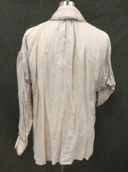 M.T.O., Bone White, Linen, Cavalier Shirt Collar Attached with Lace Trim, Brass Ball Button Front, Long Sleeves, Pleated at Shoulder, Button Cuff, Gathered at Back Neck, Side Seam Slits, Aged, ***Holes in Armpits***