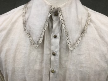 M.T.O., Bone White, Linen, Cavalier Shirt Collar Attached with Lace Trim, Brass Ball Button Front, Long Sleeves, Pleated at Shoulder, Button Cuff, Gathered at Back Neck, Side Seam Slits, Aged, ***Holes in Armpits***