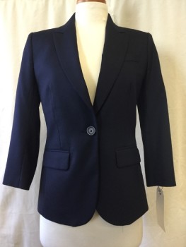 Womens, Suit, Jacket, JCREW, Navy Blue, Wool, Solid, 0, Peaked Lapel, 1 Button, 3 Pockets,
