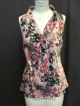 ANN TAYLOR, Gray, Charcoal Gray, Dusty Rose Pink, Red, Polyester, Speckled, Silky Shell of Large Scale Blotchy Print, Sleeveless, Shawl Collar with Faux Neck Tie Front