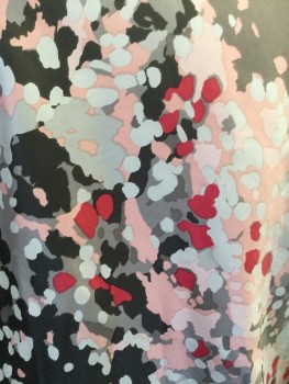 ANN TAYLOR, Gray, Charcoal Gray, Dusty Rose Pink, Red, Polyester, Speckled, Silky Shell of Large Scale Blotchy Print, Sleeveless, Shawl Collar with Faux Neck Tie Front